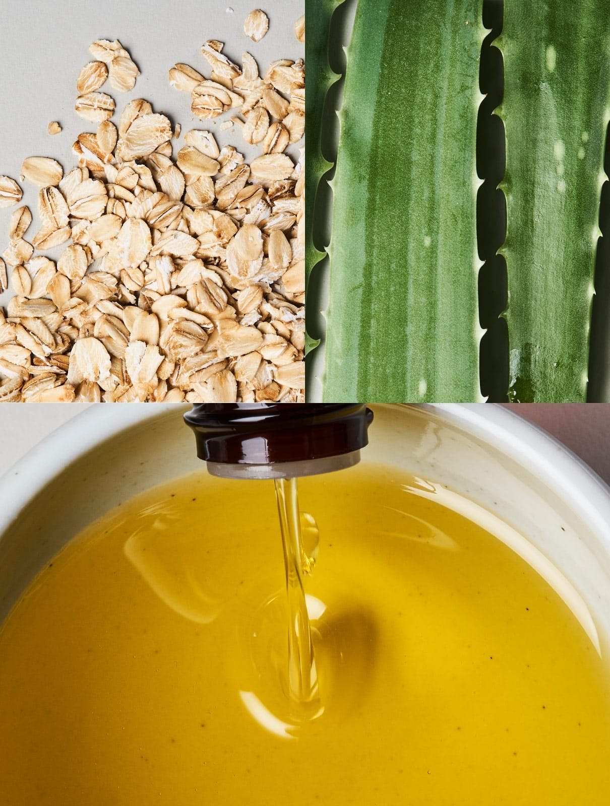 Close-up van enkele natuurlijke ingrediënten die de SoKind Bubble Time bevat, zoals havermout, aloë vera, jojobae-olie en avocado-olie.